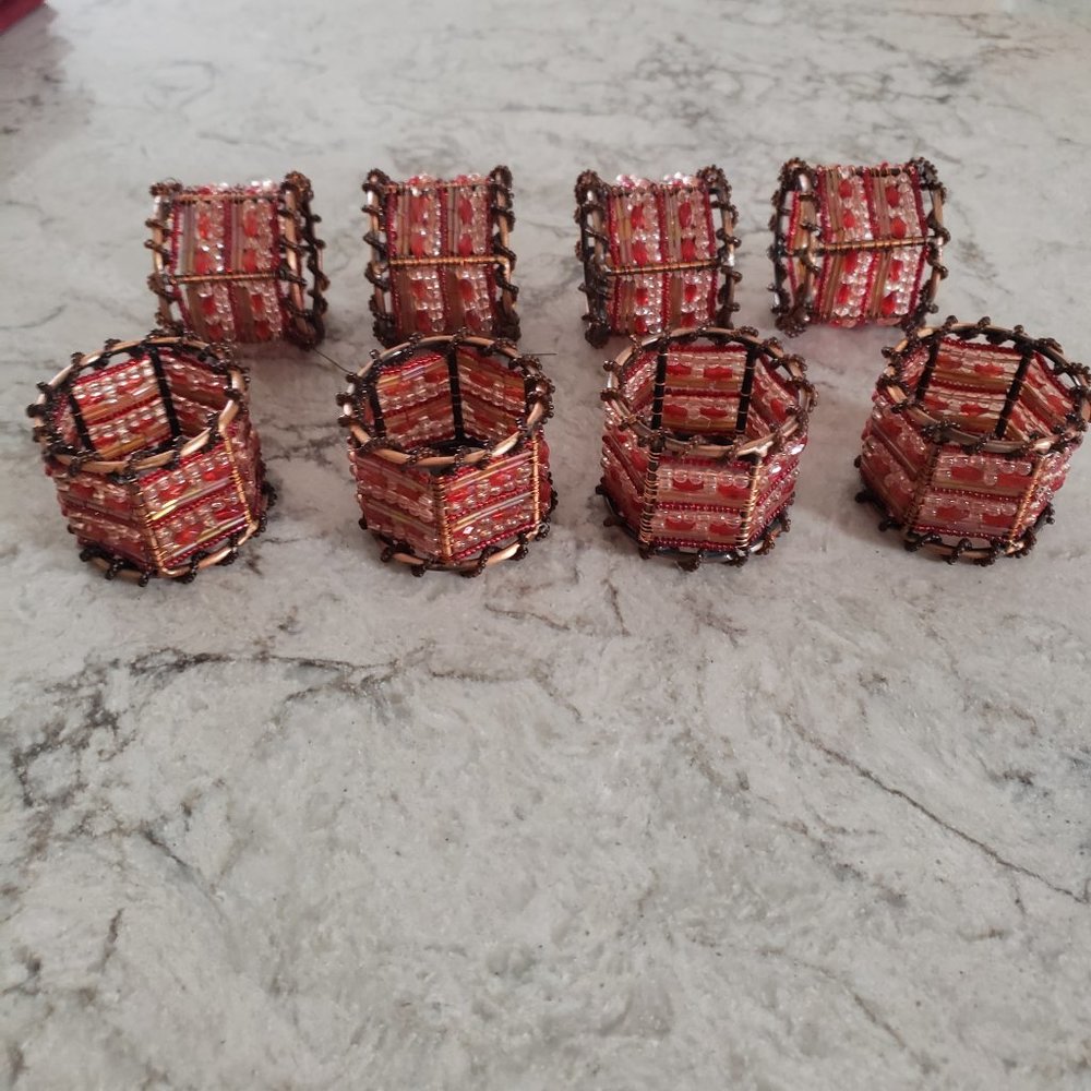 Pier 1 Imports, Vintage Moroccan Beaded Napkin Rings (8), Boho Copper Metal